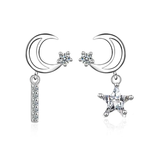 KSKAN Ohrringe Silber 925,925 Sterling Silber Hohlmond Ohrringe, Kristall Stern Tropfen Ohrringe, Zierliche Ohrstecker, Schmuck für Frauen Hochzeit Party von KSKAN