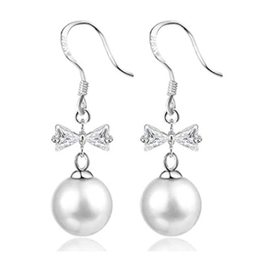 KSKAN Ohrringe Silber 925,925 Sterling Silber Kristall Bowknot Ohrhänger, Weiße Perlen Tropfenohrringe, Elegante Haken Ohrhänger, Schmuck für Frauen, Hochzeit, Party von KSKAN