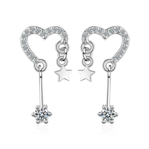 KSKAN Ohrringe Silber 925,925 Sterling Silber Kristall-Herz-Ohrhänger, Schneeflocken-Tropfenohrringe mit Zirkonia, Elegante Ohrstecker, Schmuck für Mädchen, Hochzeit von KSKAN