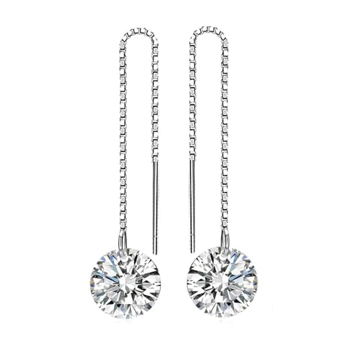 KSKAN Ohrringe Silber 925,925 Sterling Silber Runder Zirkonia-Ohrhänger, Silberne Lange Kette, Elegante Faden-Ohrhänger, Schmuck für Frauen, Geburtstagsgeschenk von KSKAN