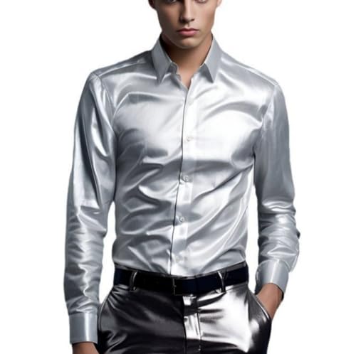 KSKAN Seidenartige Hemden Für Herren Luxuriöses Satin Langarm Casual Business Shir Stretch Festes Faltenfreies Regular Fit Hemd Für Nachtclub Abschlussball Hochzeit,Silber,M von KSKAN