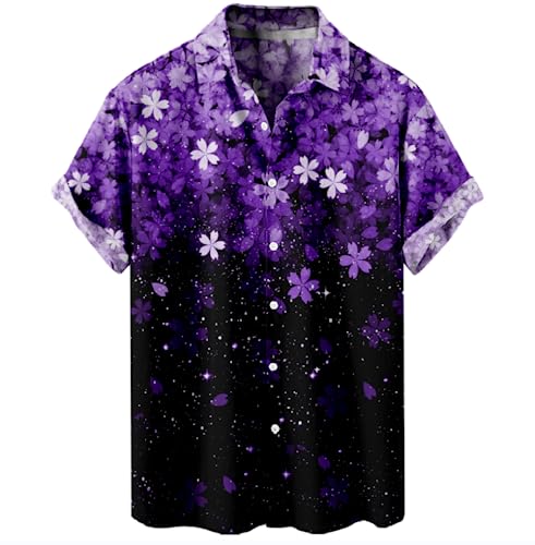 Trachtenhemd Herren,Herren Hawaii Hemd Mit Blumendruck Lila Farbverlaufs Blumenhemd Lockere Passform Kurzärmliges T Shirt Lässige Sport Hemden Kunst Florales Aloha Party Strand Oberteil XXL von KSKAN