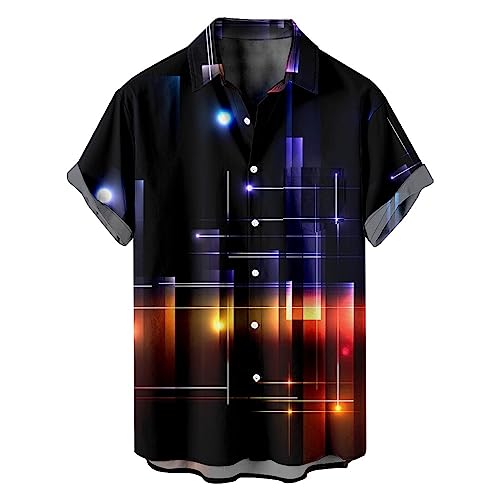 Trachtenhemd Herren,Herren Hawaii-Hemd Neon-Linien-Druck Sommer-Tropen-Hemd Lockere Passform Kurzärmeliges T-Shirt Lässige Sport-Hemden Kunst Blumenmuster Aloha-Party Strand-Tops 8XL von KSKAN