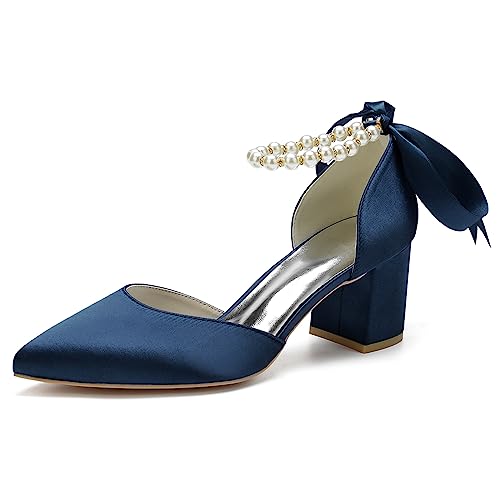 KSLDWWEU Bequme Niedriger Absatz Pumps Perle Knöchelriemen Geschlossene Zehen Satin Spitze Zehen Hochzeitsschuhe Brautschuhe,Dark Blue,35 EU von KSLDWWEU