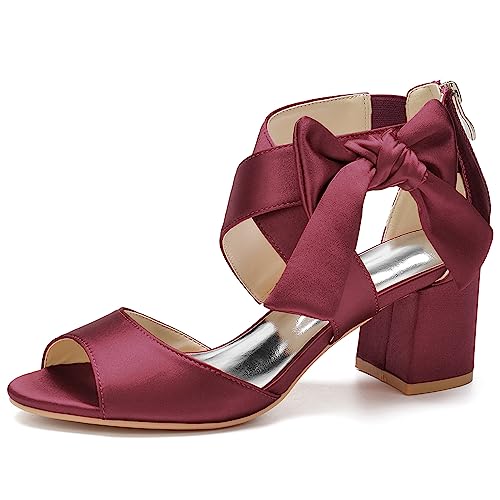 KSLDWWEU Damen-Brautschuhe, Offener Zehenbereich Mittelhoher Blockabsatz Knöchelriemen Hochzeitskleid Pump-Sandalen Mit Reißverschluss,Burgundy,35 EU von KSLDWWEU