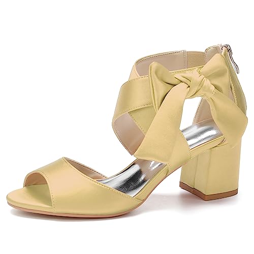 KSLDWWEU Damen-Brautschuhe, Offener Zehenbereich Mittelhoher Blockabsatz Knöchelriemen Hochzeitskleid Pump-Sandalen Mit Reißverschluss,Gold,36 EU von KSLDWWEU