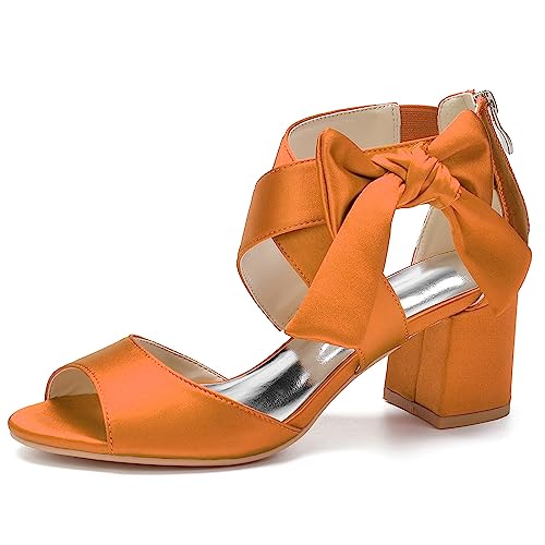 KSLDWWEU Damen-Brautschuhe, Offener Zehenbereich Mittelhoher Blockabsatz Knöchelriemen Hochzeitskleid Pump-Sandalen Mit Reißverschluss,Orange,38 EU von KSLDWWEU