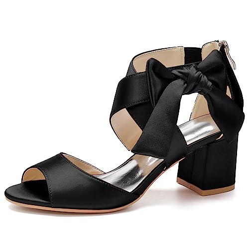 KSLDWWEU Damen-Brautschuhe, Offener Zehenbereich Mittelhoher Blockabsatz Knöchelriemen Hochzeitskleid Pump-Sandalen Mit Reißverschluss,Schwarz,35 EU von KSLDWWEU