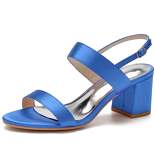 KSLDWWEU Damen Brautschuhe Offener Zeh Mid Blockabsatz Satin Knöchelriemen Hochzeitskleid Pumps Sandalen,Blau,35 EU von KSLDWWEU