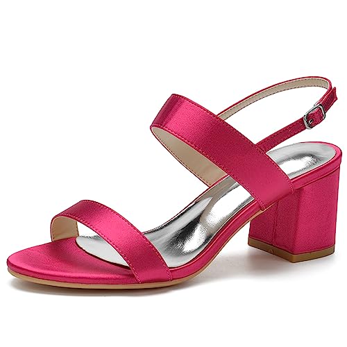 KSLDWWEU Damen Brautschuhe Offener Zeh Mid Blockabsatz Satin Knöchelriemen Hochzeitskleid Pumps Sandalen,Fuchsia,38 EU von KSLDWWEU