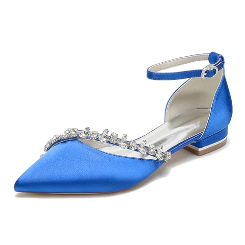 KSLDWWEU Damen Hochzeitsschuhe Für Braut Geschlossene Zehe Brautschuhe Niedriger Absatz Satin Strass Knöchelriemen Hochzeitsschuhe,Blau,39 EU von KSLDWWEU