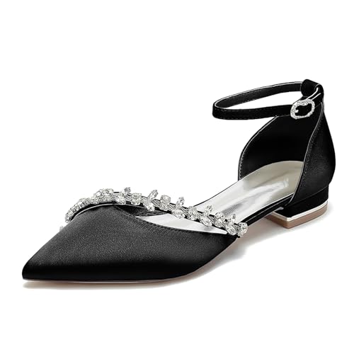 KSLDWWEU Damen Hochzeitsschuhe Für Braut Geschlossene Zehe Brautschuhe Niedriger Absatz Satin Strass Knöchelriemen Hochzeitsschuhe,Schwarz,36 EU von KSLDWWEU