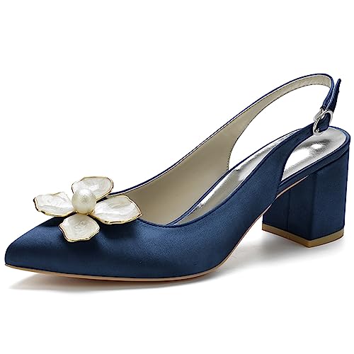 KSLDWWEU Damen Pumps Slingback Sandalen Pumps für Damen Pointed Toe Kleid Partei Gericht Schuhe Damen Chunky Heel Hochzeit Schuhe mit Perle,Dark blue,38 EU von KSLDWWEU