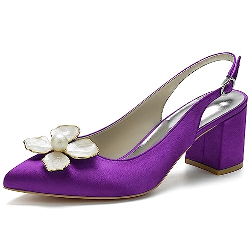 KSLDWWEU Damen Pumps Slingback Sandalen Pumps für Damen Pointed Toe Kleid Partei Gericht Schuhe Damen Chunky Heel Hochzeit Schuhe mit Perle,Dark purple,39 EU von KSLDWWEU