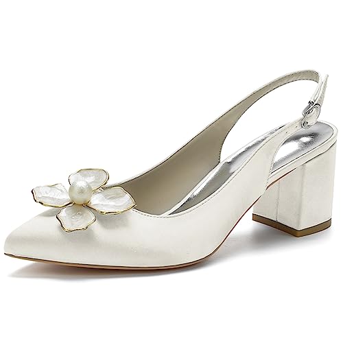 KSLDWWEU Damen Pumps Slingback Sandalen Pumps für Damen Pointed Toe Kleid Partei Gericht Schuhe Damen Chunky Heel Hochzeit Schuhe mit Perle,Elfenbein,37 EU von KSLDWWEU