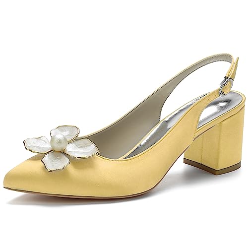 KSLDWWEU Damen Pumps Slingback Sandalen Pumps für Damen Pointed Toe Kleid Partei Gericht Schuhe Damen Chunky Heel Hochzeit Schuhe mit Perle,Gold,35 EU von KSLDWWEU