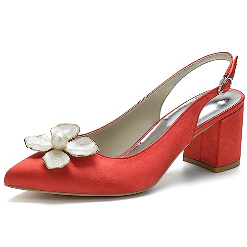 KSLDWWEU Damen Pumps Slingback Sandalen Pumps für Damen Pointed Toe Kleid Partei Gericht Schuhe Damen Chunky Heel Hochzeit Schuhe mit Perle,Rot,38 EU von KSLDWWEU