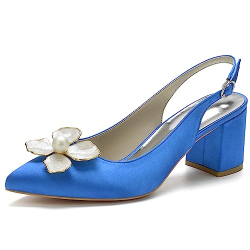 KSLDWWEU Damen Pumps Slingback Sandalen Pumps für Damen Pointed Toe Kleid Partei Gericht Schuhe Damen Chunky Heel Hochzeit Schuhe mit Perle,Royal blue,35 EU von KSLDWWEU