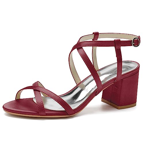 KSLDWWEU Damen Sandalen mit Knöchelriemen und offenem Zehenbereich Satin Blockabsatz Hochzeit Braut Kleidschuhe,Burgundy,35 EU von KSLDWWEU