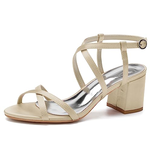 KSLDWWEU Damen Sandalen mit Knöchelriemen und offenem Zehenbereich Satin Blockabsatz Hochzeit Braut Kleidschuhe,Champagne,36 EU von KSLDWWEU