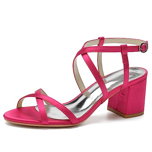 KSLDWWEU Damen Sandalen mit Knöchelriemen und offenem Zehenbereich Satin Blockabsatz Hochzeit Braut Kleidschuhe,Fuchsia,38 EU von KSLDWWEU