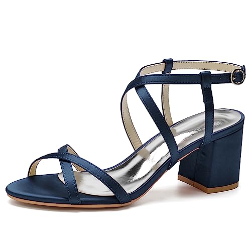 KSLDWWEU Damen Sandalen mit Knöchelriemen und offenem Zehenbereich Satin Blockabsatz Hochzeit Braut Kleidschuhe,Marine,42 EU von KSLDWWEU