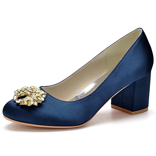 KSLDWWEU Damen Satin Strass Round Zehen Brautschuhe Stämmiger Absatz Absatzschuhe Hochzeit Gast Schuhe,Dark blue,37 EU von KSLDWWEU