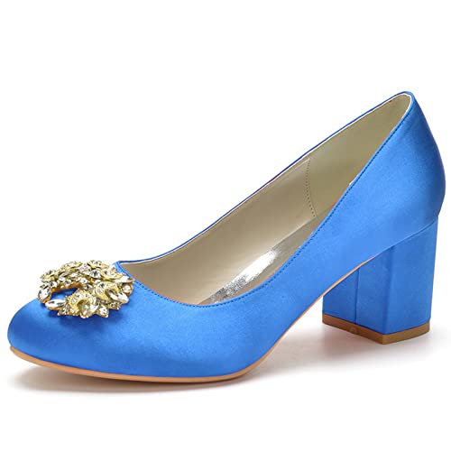 KSLDWWEU Damen Satin Strass Round Zehen Brautschuhe Stämmiger Absatz Absatzschuhe Hochzeit Gast Schuhe,Royal blue,37 EU von KSLDWWEU