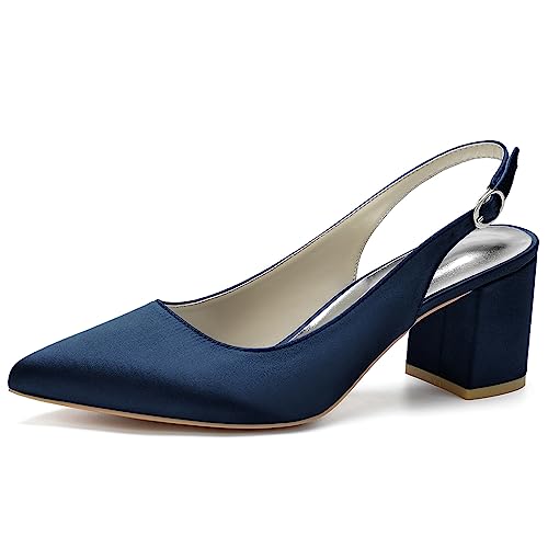 KSLDWWEU Damen Slingback Blockabsatz Heels Spitzen Zehen Pumps Adjustable-Strap Sandalen Mittel Heel 6CM Spitze Satin Hochzeitsschuhe Pumps,Dark blue,35 EU von KSLDWWEU