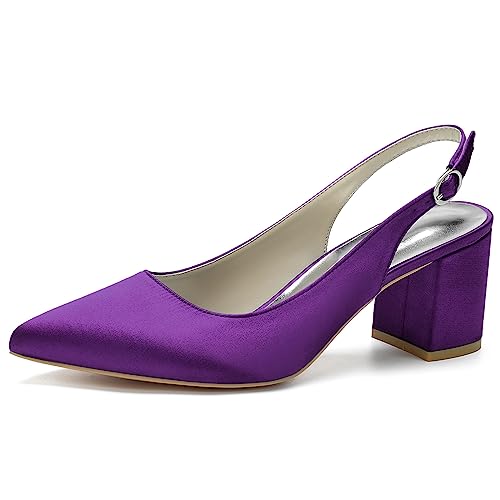 KSLDWWEU Damen Slingback Blockabsatz Heels Spitzen Zehen Pumps Adjustable-Strap Sandalen Mittel Heel 6CM Spitze Satin Hochzeitsschuhe Pumps,Dark purple,37 EU von KSLDWWEU