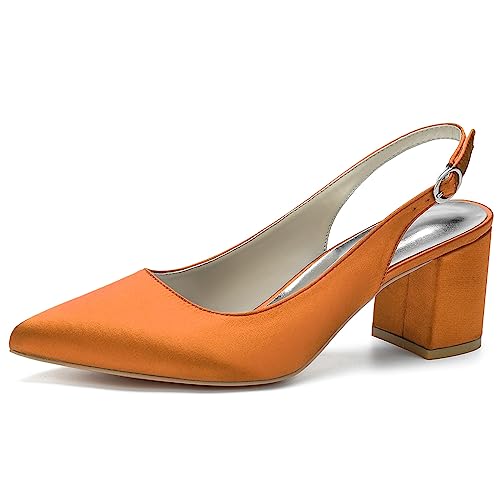 KSLDWWEU Damen Slingback Blockabsatz Heels Spitzen Zehen Pumps Adjustable-Strap Sandalen Mittel Heel 6CM Spitze Satin Hochzeitsschuhe Pumps,Orange,37 EU von KSLDWWEU