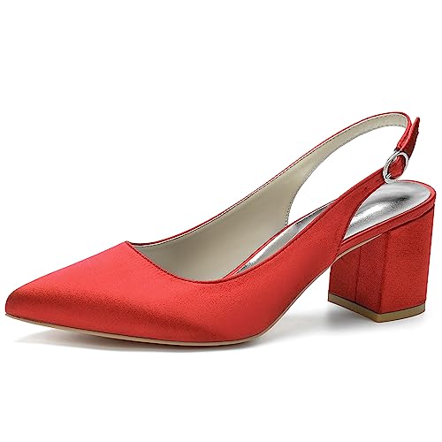 KSLDWWEU Damen Slingback Blockabsatz Heels Spitzen Zehen Pumps Adjustable-Strap Sandalen Mittel Heel 6CM Spitze Satin Hochzeitsschuhe Pumps,Rot,39 EU von KSLDWWEU