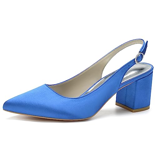 KSLDWWEU Damen Slingback Blockabsatz Heels Spitzen Zehen Pumps Adjustable-Strap Sandalen Mittel Heel 6CM Spitze Satin Hochzeitsschuhe Pumps,Royal blue,36 EU von KSLDWWEU