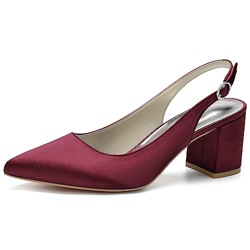 KSLDWWEU Damen Slingback Blockabsatz Heels Spitzen Zehen Pumps Adjustable-Strap Sandalen Mittel Heel 6CM Spitze Satin Hochzeitsschuhe Pumps,Wine red,35 EU von KSLDWWEU