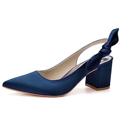 KSLDWWEU Frauen Brautschuhe Mit Blockabsatz 6Cm Spitz Zehen Satin Slingback Hochzeitsschuhe,Dark blue,38 EU von KSLDWWEU