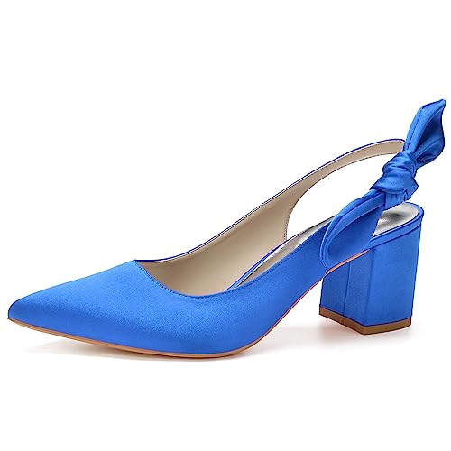 KSLDWWEU Frauen Brautschuhe Mit Blockabsatz 6Cm Spitz Zehen Satin Slingback Hochzeitsschuhe,Royal blue,38 EU von KSLDWWEU