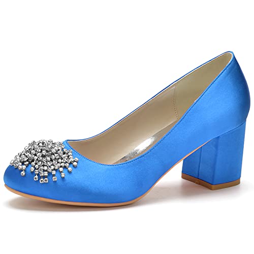 KSLDWWEU Frauen Chunky Ferse Pumps Satin Kristall Brautschuhe Runde Zehe Hochzeit Party Eleganter Slip auf Pumpen Schuhe,Royal Blue,38 EU von KSLDWWEU