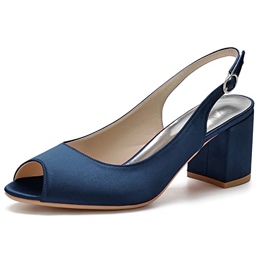 KSLDWWEU Frauen Mit Niedrigem Block Absatz Sandalen Klobiger Knöchelgurt Offen Zehen Hochzeitskleid Schuhe Low Heel Komfortable Pumpsandalen,Dark blue,36 EU von KSLDWWEU