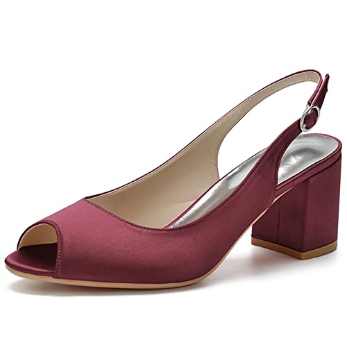 KSLDWWEU Frauen Mit Niedrigem Block Absatz Sandalen Klobiger Knöchelgurt Offen Zehen Hochzeitskleid Schuhe Low Heel Komfortable Pumpsandalen,Wine red,40 EU von KSLDWWEU