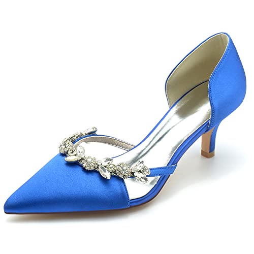 KSLDWWEU Kitten Heel Pumps Für Damen Satin Geschlossene Zehe Slip on Kleiderschuhe Hochzeitsschuhe Für Braut Mit Strass,Blau,36 EU von KSLDWWEU