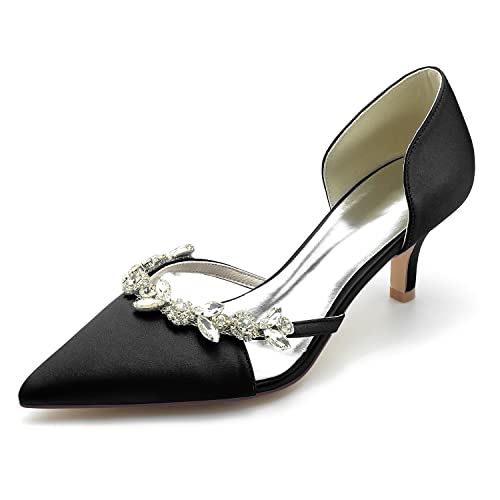 KSLDWWEU Kitten Heel Pumps Für Damen Satin Geschlossene Zehe Slip on Kleiderschuhe Hochzeitsschuhe Für Braut Mit Strass,Schwarz,38 EU von KSLDWWEU