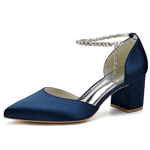 KSLDWWEU Sexy Hochzeitsschuhe Für Frauen Chunky Heels Knöchelriemen Spitzschuh Brautschuhe Satin Schnürpumps Für Hochzeit Oder Arbeitsplatz,Dark Blue,36 EU von KSLDWWEU