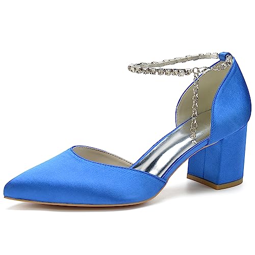 KSLDWWEU Sexy Hochzeitsschuhe Für Frauen Chunky Heels Knöchelriemen Spitzschuh Brautschuhe Satin Schnürpumps Für Hochzeit Oder Arbeitsplatz,Royal Blue,37 EU von KSLDWWEU