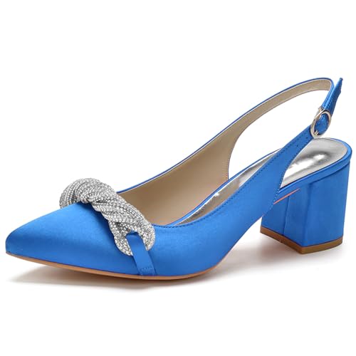 KSLDWWEU Women's Chunky Low Block Heels Closed Toe Dress Pumps Schuhe Strass Spitz Zehe Slingback Hochzeit Brautschuhe,Blau,35 EU von KSLDWWEU