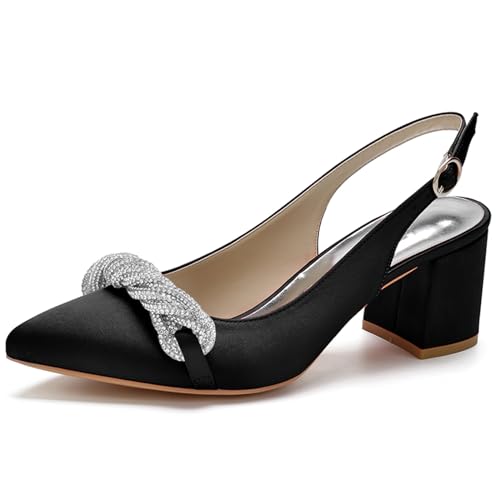 KSLDWWEU Women's Chunky Low Block Heels Closed Toe Dress Pumps Schuhe Strass Spitz Zehe Slingback Hochzeit Brautschuhe,Schwarz,35 EU von KSLDWWEU