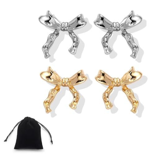 KSUKTSW 2 Paare Bow Earrings mit Exquisite Samttasche, Gold Silber Bogen Ohrstecker Ohrringe für Damen,Schleifen Ohrringe Schleifen Schmuck Frauen Valentinstag Thanksgiving Geburtstag Geschenk von KSUKTSW