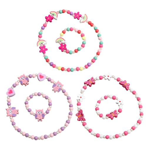 KSUKTSW 6 Stück Kinder Schmuck Mädchen, Schmuck Set, Holz Bunte Kinder Schmuck, Freundschaftsarmband Halskette und Armband, Geschenke für Mädchen Ketten Party Mitgebsel von KSUKTSW