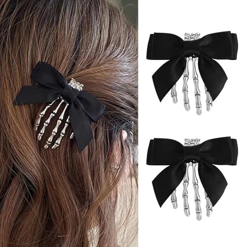Halloween-Haarspangen aus Metall, silberfarben, Halloween-Skelett-Klaue, Schmetterlingsschleifen, flache Haarspangen für Damen, Halloween-Haarstyling-Zubehör, Halloween-Party-Haarschmuck, 2 Stück von KTAABTR