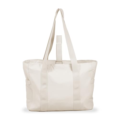 Tote Bag Groß 39 * 31 * 15,5 cm Shopper Tasche Damen Nylon Handtasche Weich und Bequem Schulterta mit Yogamatten-Schnalle Lehrertasche Damen für Reise Arbeit Klinik Uni Schule Sauna (Weiß) von KTCINA