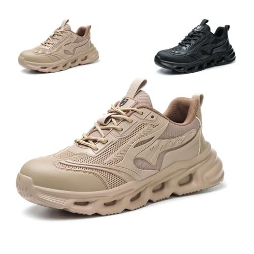 KTDYG Arbeitsschuhe Herren Leicht Sportlich Sicherheitsschuhe Damen Atmungsaktiv rutschfest Stahlkappenschuhe Bequem Arbeitsturnschuhe, Beige, 40EU von KTDYG